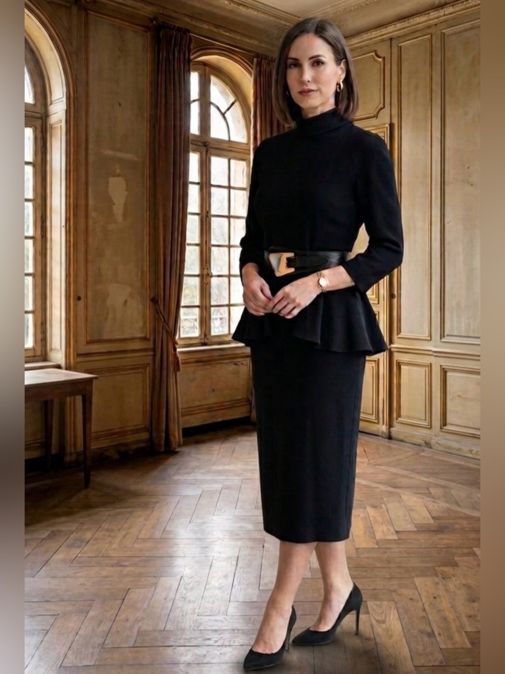 Louis Féraud Vintage 80s Black Mock Neck Knit Wool Peplum Midi Dress